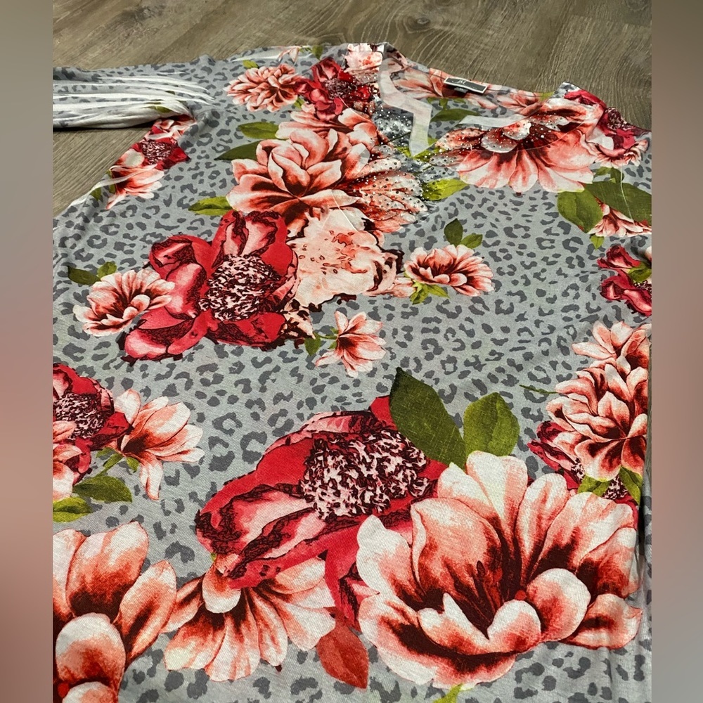 JM Collection Tropical Floral Leopard Print Blouse | Sequined XL Top 3/4 Sleeve - Picture 4 of 5
